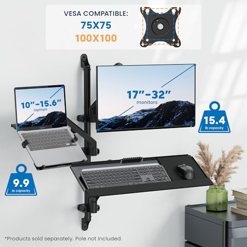 Image of Mount-It! Keyboard Wall Mount with Pole Option, Adjustable Keyboard and Mouse Tray with Spring Arm, Full Motion Swivel Tilt Extension, Ergonomic Workstation for Medical, Office, and Sim Racing