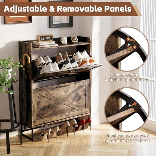 Image of YIKEHOME Shoe Cabinet Storage for Entryway Hidden Shoes Storage Cabinet with 2 Rattan Flip Drawers, Shoes Cabinet with Adjustable Shelves for Entryway, Hallway, Shoe Organizer Cabinet, Rustic Brown