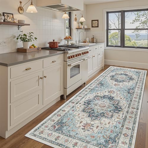 Madane Hallway Runner Rug 4x8 Wide: Washable Thin Runners for Hallways Entry, Non Slip Soft Vintage Kitchen Rugs Low Pile Carpet Runners for Living Room Bedroom Dining Room Foyer (Blue, 4x8)