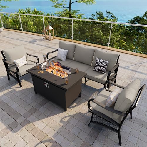 Image of 4-Piece Outdoor Furniture Set, Patio Conversation Set Include 3-Seater Sofa Couch Single Chairs with Fire Pit Table for Deck, Porch, Garden, Backyard, Poolside (Beige Cushions)