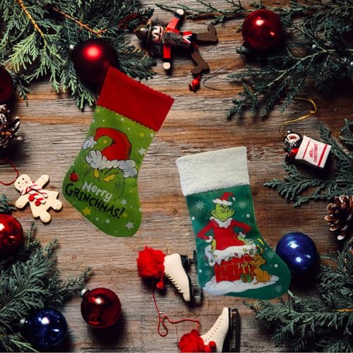 GEGEBABY Pacote com 4 meias de Natal, 50,8 cm, elfo verde, para pendurar, meias de Natal, desenho an
