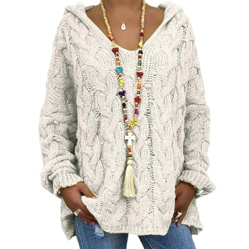 Bengbobar Womens Oversized Sweaters Chunky Cable Knit Pullover Hooded Sweaters V Neck Long Sleeve Loose Solid Color Hoodies2