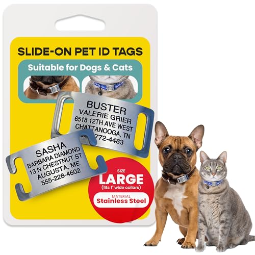 LuckyPet Slide-On Pet ID Tags - Dog Tags Personalized - Durable Engraved Stainless Steel Pet Name Tags - Noiseless Dog Tag - Suitable for Dogs and Cats - Fits 1 inch Collars - Large, Open Ends