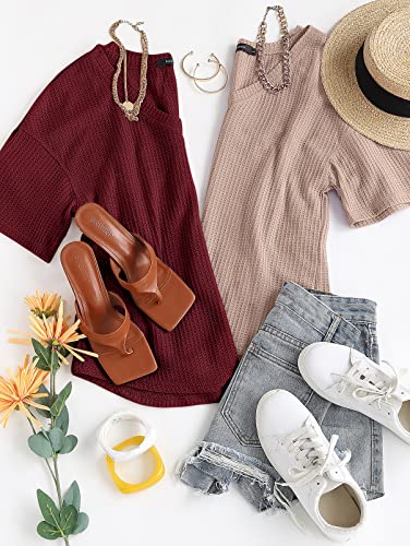 Merokeety Women's V Neck Batwing Half Sleeve Shirts Waffle Knit Loose Blouse Solid Color Tops, Apricot, Xl #TOP7