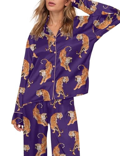Image of SHESHOW Satin Pajamas Set for Women Set Long Sleeve Button Down Pjs Sets 2 Piece Loungewear Animal Sleepwear XS-XXL