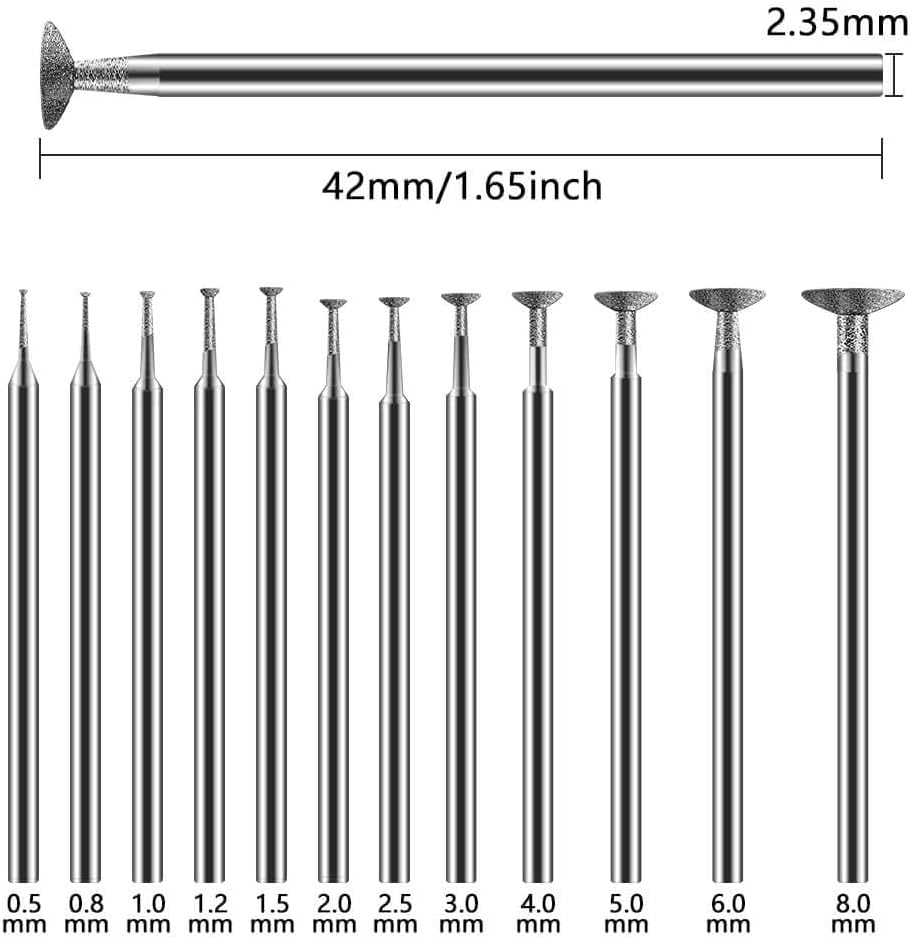 Hanboost 12Pcs Diamond Grinding Burr Kit, 2.35mm Shank S2 Rotary Tool Accessories with 0.5-10mm Inverted Trapezoidal Bits for Carving, Engraving, Grinding, Stone, Rocks, Jewelry, Glass, Ceramics
