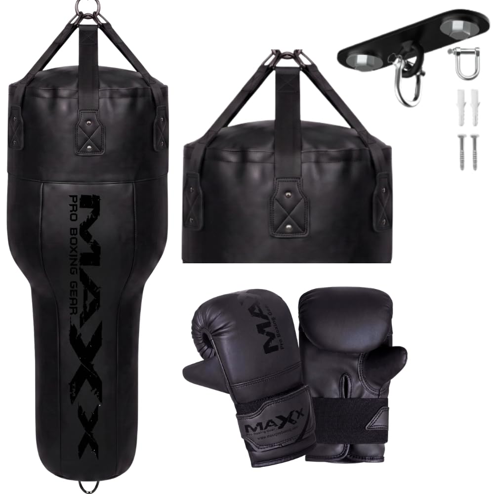 MAXX 4FT Angled Uppercut Heavy Punch Bag (Filled) – Boxing Body Bag for Uppercuts & Hooks, Durable Rexine Leather, Approx. 25kg, Zip-Top Adjustable Filling (MAT BLACK, 6PCS SET WITH HOOK)