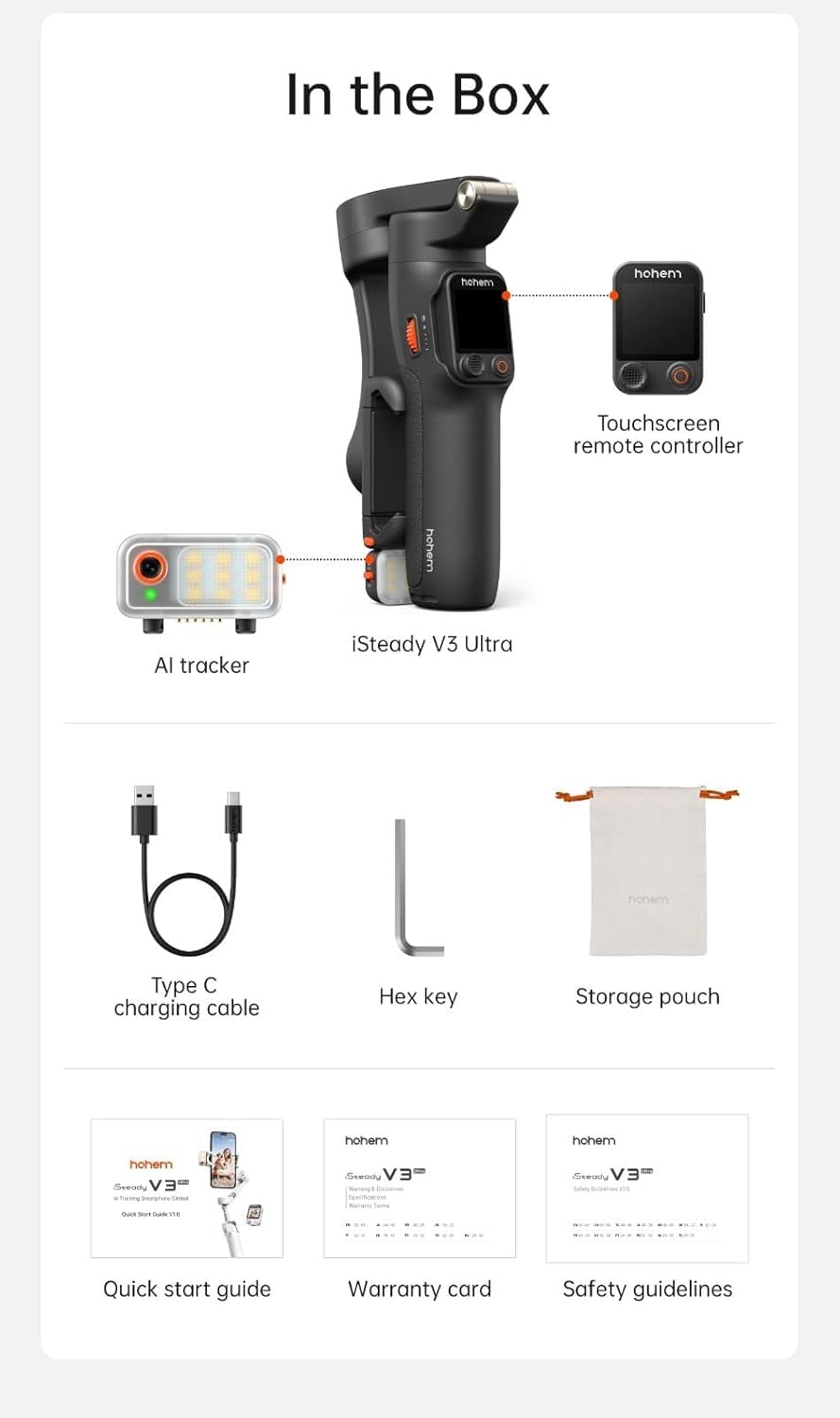 Hohem iSteady V3 Ultra Stabilizzatore per Smartphone, Follow AI a 360° | Controllo a Gesture,Telecomando Rimovibile con Schermo Touch da 1,22'', Asta di Estensione e Treppiede Gimbal per Vlog TikTok