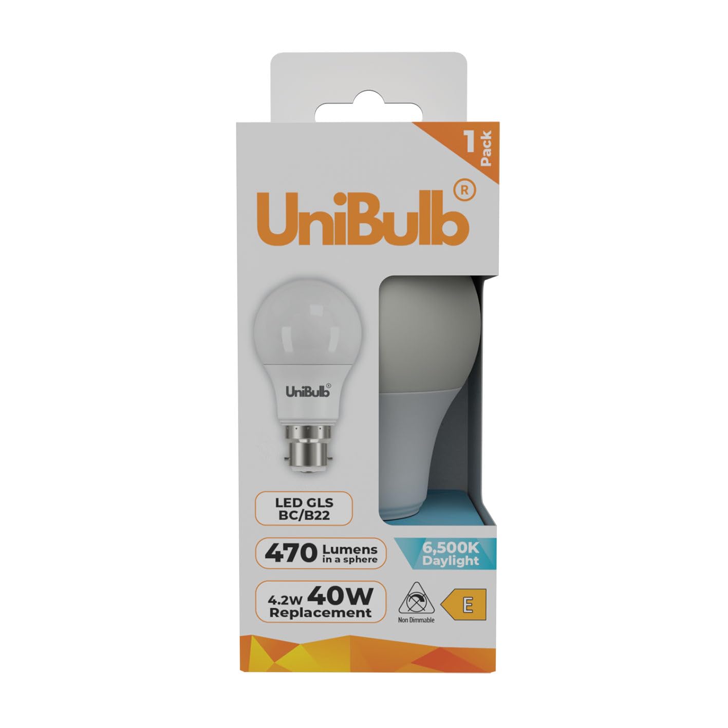 Unibulb BC/Bayonet / B22, 4.2W, 470lm, LED Light Bulbs, 40W Equivalent, Daylight 6500K, Replaces 40W, 180° Wide Beam, Non-dimmable, 25yr Lifespan (1)