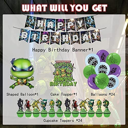 51Pcs Ninja Turtles Party Supplies, Tmnt Party Decorations Set For Kids With Happy Birthday Banner, Cake Topper, Cupcake Toppers, Balloons, Shaped Balloon #TOP1