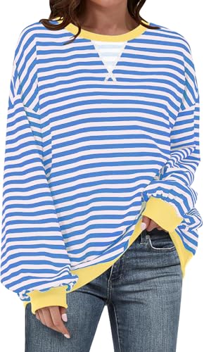 Image of UEU Women Oversized Striped Crewneck Sweatshirt Long Sleeve Color Block Pullover Tops Casual Loose Workout Shirt