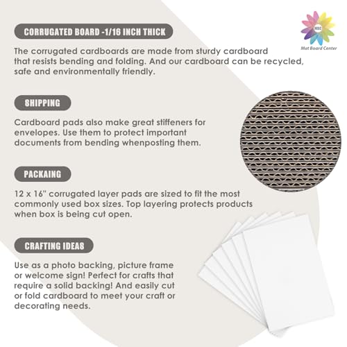 Image of Mat Board Center, 50 Pack 12x16 Inch Corrugated Cardboard Sheets | 2mm Thick White Flat Cardboard Inserts for Mailing, Packing & Shipping, Craft Card Board (White on one side)