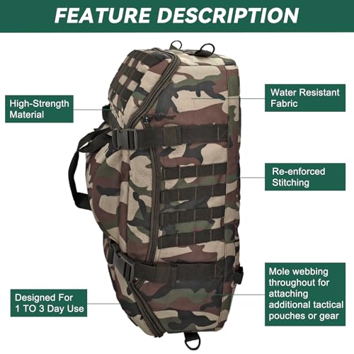 Image of Hannibal Tactical 65L Large Duffle Bag, 3-in-1 Tactical Backpack MOLLE Pack for Gym, Sports, Outdoor, Woodland