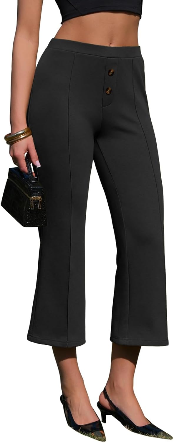 EXLURA Women's Stretchy Work Capri Pants Elastic Waist Business Casual Flare Cropped Trousers Cotton Yoga Leggings Pockets