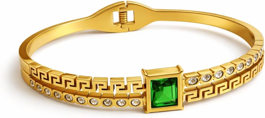 Gold Bangle Bracelet with Green Emerald Stone, Greek Key Pattern, Crystal Embellished, Hinged Cuff