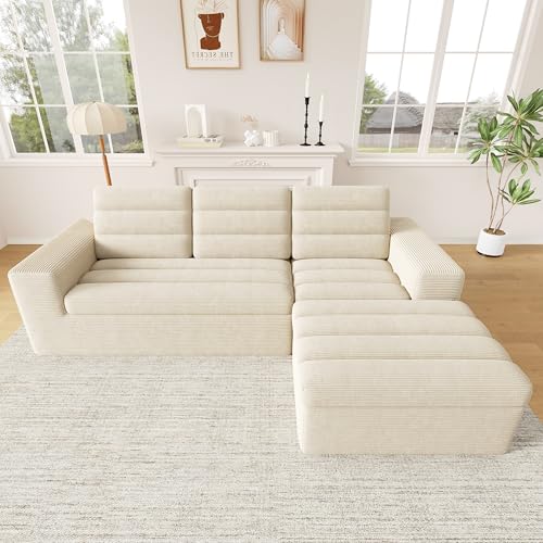 Sofá esquinero modular en L de pana beige sin marco combinable 2