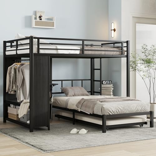 Full Over Twin Bunk Bed with Built-in Wardrobe, Metal Bunk Bed with Trundle, Foldable Desk, Ladders, Multi-Functional for Kids Teens