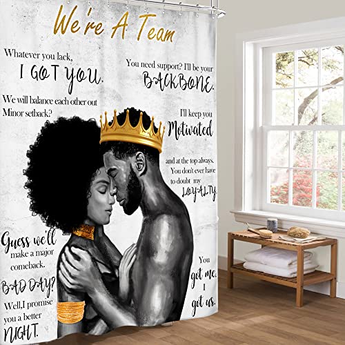 Image of Riyidecor African American Shower Curtain Black King and Queen Afro Romantic Couple Man Woman 60Wx72H Inch Vintage Positive Inspirational Quote Fabric Decor Bathroom Polyester Waterproof Hooks