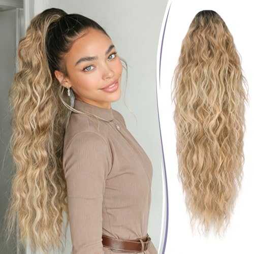RUWISS Coleta Postiza Pelo Natural con Pinza Cola Postiza Larga Rizada Ondulado Cola de Caballo Sintético Coleta Postizos para Mujeres, 76 cm Ombre Marrón Mezcla Rubio