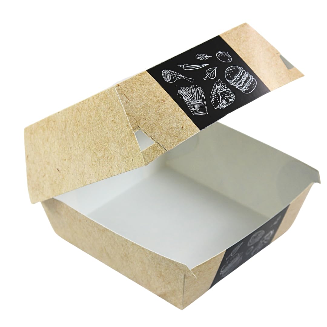 Enpack Burger-Boxen aus Kraftpapier Beige – 100 Stück – 11,5 × 11,5 × 5 cm – Einweg Burger-Schalen mit Klappdeckel, innen beschichtet – Snackbox To Go für Burger, Sandwich & Pommes