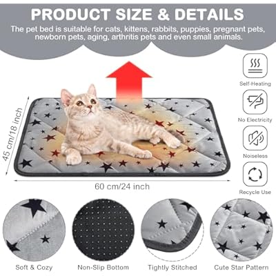 Self Warming Cat Bed Self Heating Dog Mat Star Pattern Warm Thermal Pet Pad Reflects Body Heat Washable Soft Puppy Crate Pad Anti Slip Kennel Mat for Pets(Grey,18'' L X 24'' W X 0.4'' Th)