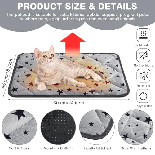 Clysee Self Warming Cat Bed Self Heating Dog Mat Star Pattern Warm Thermal Pet Pad Reflects Body Heat Washable Soft Puppy Crate Pad Anti Slip Kennel Mat for Pets(Grey,18\'\' L X 24\'\' W X 0.4\'\' Th)