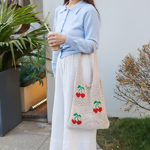 Image of Ovida Crochet Tote Bag Mesh Beach Bag Fairycore Hobo Bag Fairy Grunge Aesthetic Shoulder Bag Y2k Purse for Women Girls