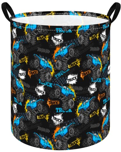 Image of Boys Storage Basket Kids Hamper, 15.7 inchD x19.7 inchH, Monster Truck Print Waterproof Lining, Leather Handles, Collapsible for Boys Toys, Laundry, Kids Gift