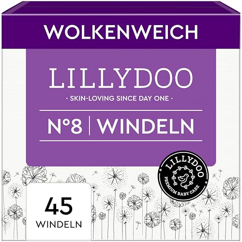 LILLYDOO hautfreundliche Baby Windeln - Größe 8 (17+ kg),Halbmonatsbox (45 Stück), Sicherer Auslaufschutz, Weich, Parfümfrei, Ohne Lotionen & Farbstoffe für empfindliche Haut, Dermatologisch getestet