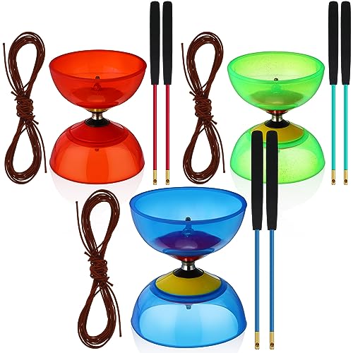 Lenwen 15 Pieces Chinese Yoyo Diabolo Set Includes 3 5 Inch Colorful Five Bearings Diabolo Balls with 6 Alloy Chinese Yoyo Sticks 6 String for Beginners, Red Green Blue