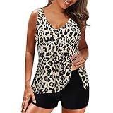 SRZYMJ Damen Tankini Bauchweg, Tankini Volants Badeanzug mit Badeshorts Zwei Teilig Bademode Bikini Cover Up Tankini Oberteil Damen Bauchweg Braun L