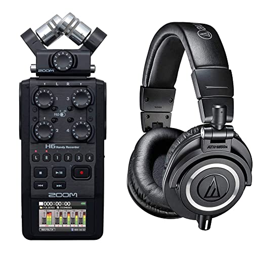 Zoom H6 All Black Handy Recorder & Udio-Technica Ath-M50X Professional Studio Monitor Headphones, Black, Professional Grade, Critically Acclaimed, With Detachable Cable #TOP14