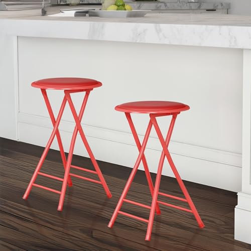 Image of Lavish Home Folding Stool - Set of 2 Counter Height Bar Stools - 24-Inch Backless Folding Chairs with 225lb Capacity for Kitchen, Rec Room, or Game Room (Red)