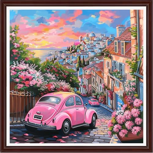 Image of Dooxvey Counted Cross Stitch Kits for Adults 11CT Printed Cross-Stitch Patterns Cross Stitching Embroidery Kit Stamped or Counted Needlepoint Kits- Pink car on the Seaside Street 18x18 inch