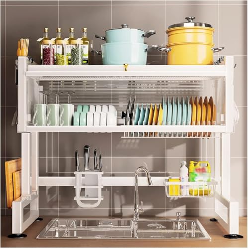 Image of Gvnd Over-The-Sink Dish Drying Rack with Dustproof Flip Cover Door | Multifunctional Adjustable Metal Kitchen Countertop Organizer (MULTI 1)
