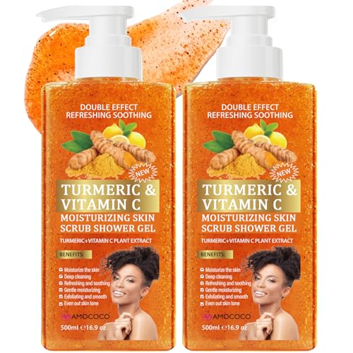 Amococo 2Packs Vitamin C Turmeric Body Scrub Body Wash Gentle Exfoliating Shower Gel with Fine Scrub Particles Hydrating & Moisturizing Daily Cleanser Shower Gel Unisex 16.9 fl oz*2