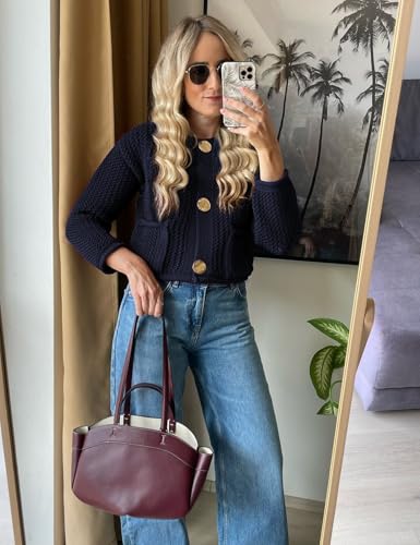 Image of Wyeysyt Womens Cropped Cardigan Sweaters Chunky Knit Gold Button Down Open Front Cardigan Long Sleeve Crop Crochet Sweaters