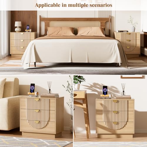 Image of 3 Drawer Nightstand with Charging Station,28 inch Fluted Night Stand & Modern Bedside Table, Wood End Table Storage Cabinet for Bedroom Hallway, Entryway,Caramel Brown Set of 2