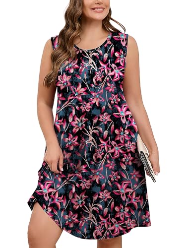 Image of AusLook Plus Size Midi Dress for Women Sleeveless Casual Summer Tank Dress with Pockets A-Line Loose Swing Dress 1-5X