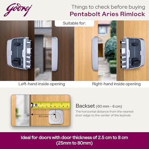 Image of Godrej Rim Lock I Pentabolt Aries 3KS I 5 Bolts I 1CK Deadbolt I for Inside Opening Door l Left /Right Handed Doors I 4 Keys I 15-Year Warranty I Manual Locking I Roman Silver Finish