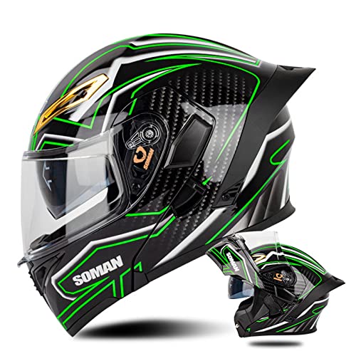 Casque Modulable Moto avec Double Visière, Casque de Moto ECE Homologué Casque Moto Modulaire Adulte avec Pare-Soleil Noir/Transparent/REVO, Homme et Femme Casque Moto - Noir Brillant Vert D,M Cover
