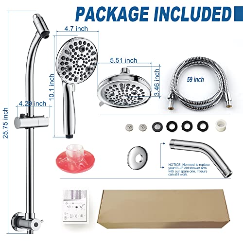 High Pressure Handheld/Rain 82-Mode 3-Way Shower Head Combo With 25.75" Adjustable Drill-Free Stainless Steel Slide Bar, Pet & Tub Power Wash And Anti-Clog Nozzles, With 5Ft Hose - Polished Chrome #TOP7