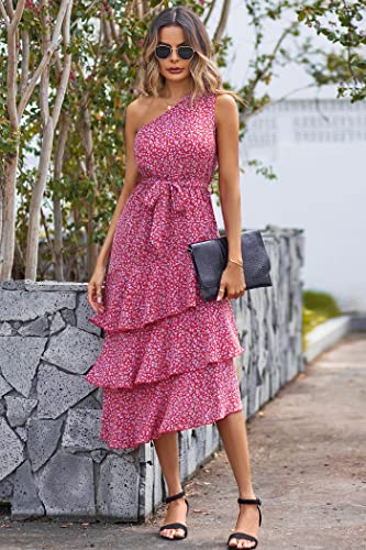 Prettygarden Women's Summer Floral Sundress Casual One Shoulder Tiered Ruffle Flowy Midi Beach Boho Dresses (Floral Red,Large) #TOP4