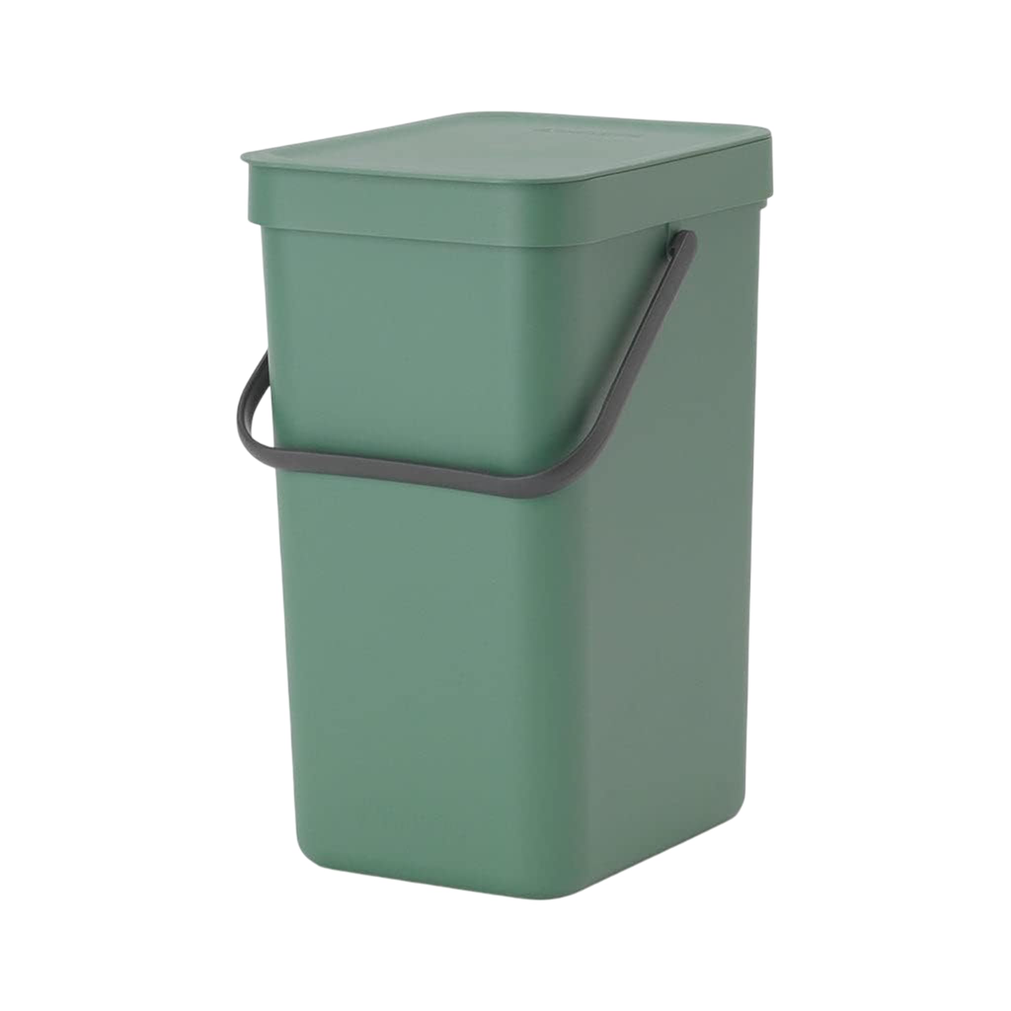 Brabantia Sort & Go Waste Bin 12L (Fir Green), Space-Efficient Plastic Recycle Container with Handle, Removable and Stay-Open Lid, Easy to Clean Kitchen Bin without Nooks and Rims