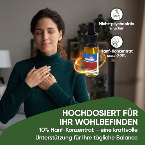 Wellpursan Hanföl 10% (10ml) – Hochwertiges Hanföl für Wohlbefinden & Entspannung – vegan & natürlich - Niederländisches Qualitätsprodukt auf Olivenöl Basis - Natürlich & Vegan