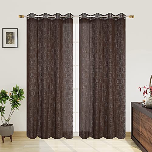 Image of Fabrilia Polyester Sheer Net Damask Design Semi Transparent Eyelet Window Curtains 5 feet Long Set of 2- Coffee