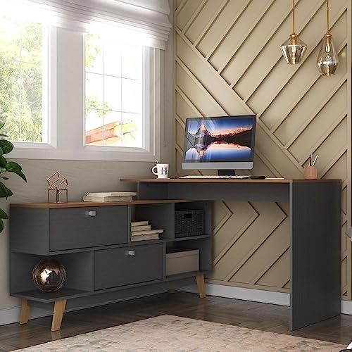 Escrivaninha em L 120x136cm 2 Portas com Estante 1 Porta Retrô Grafite/Nogal