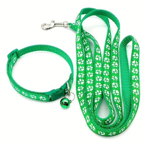 Image of YellowCult Dog /Cat Collar Leash Set with Adjustable Soft Nylon Paw Print Pet Collar for Cats, Puppies, Small Dogs, Fat Rabbits Walking Training, Bell & Quick Release Buckle Safety Lock -[Green ]