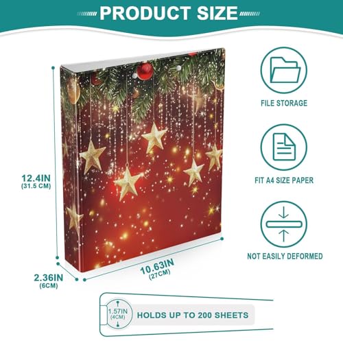 Image of 3 Ring Binder Christmas Stars Christmas Balls 1.5 inch Binders Three Ring Binders with Clipboard Fit 8.5'' x 11'' Paper 3 Interior PVC Clear Pockets for Office Supplies