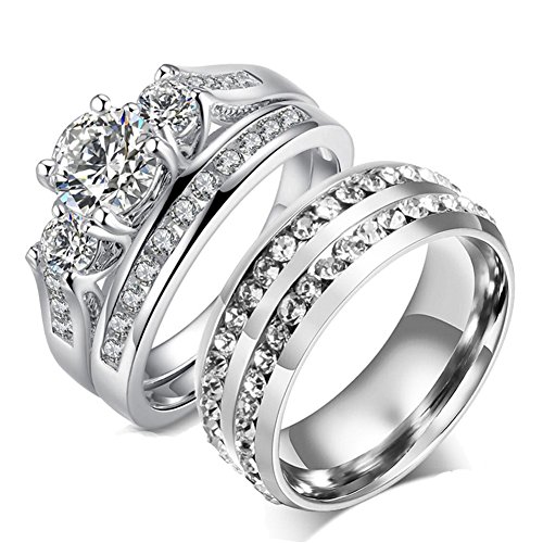 Couple Ring Bridal Set His Hers White Gold Plated CZ Stainless Steel Wedding Ring Band Set